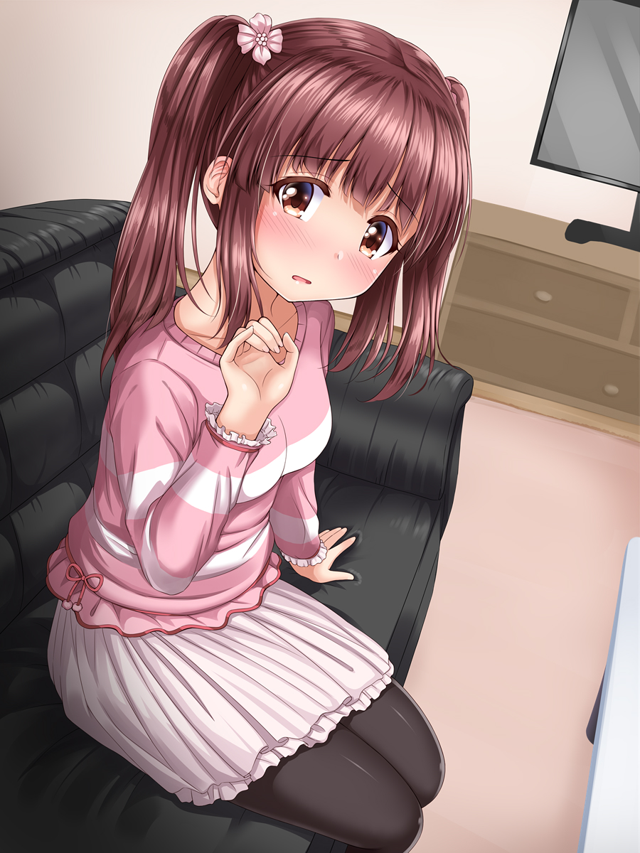 bangs blush breasts brown_eyes brown_hair brown_legwear collarbone commentary_request couch eyebrows_visible_through_hair flat_screen_tv flower hair_flower hair_ornament hand_up head_tilt highres idolmaster idolmaster_cinderella_girls indoors long_hair long_sleeves looking_at_viewer ogata_chieri on_couch pantyhose parted_lips pink_flower pink_shirt pleated_skirt shirt sidelocks sitting skirt small_breasts solo table television twintails u2_(5798239) white_skirt