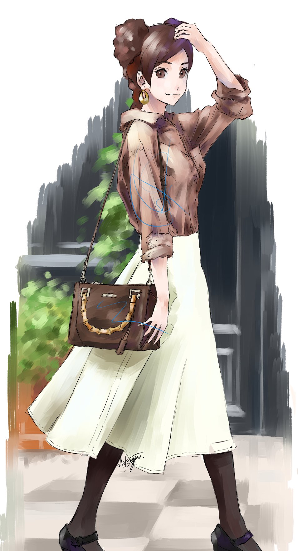 arm_up bag black_bag black_footwear black_legwear braid brown_eyes brown_hair brown_shirt casual closed_mouth collared_shirt commentary_request contemporary day double_bun earrings fashion hand_on_head handbag highres jewelry long_sleeves looking_at_viewer mitsugu naruto naruto_(series) pantyhose pocket shirt signature simple_background skirt solo standing sunlight tenten walking white_background white_skirt