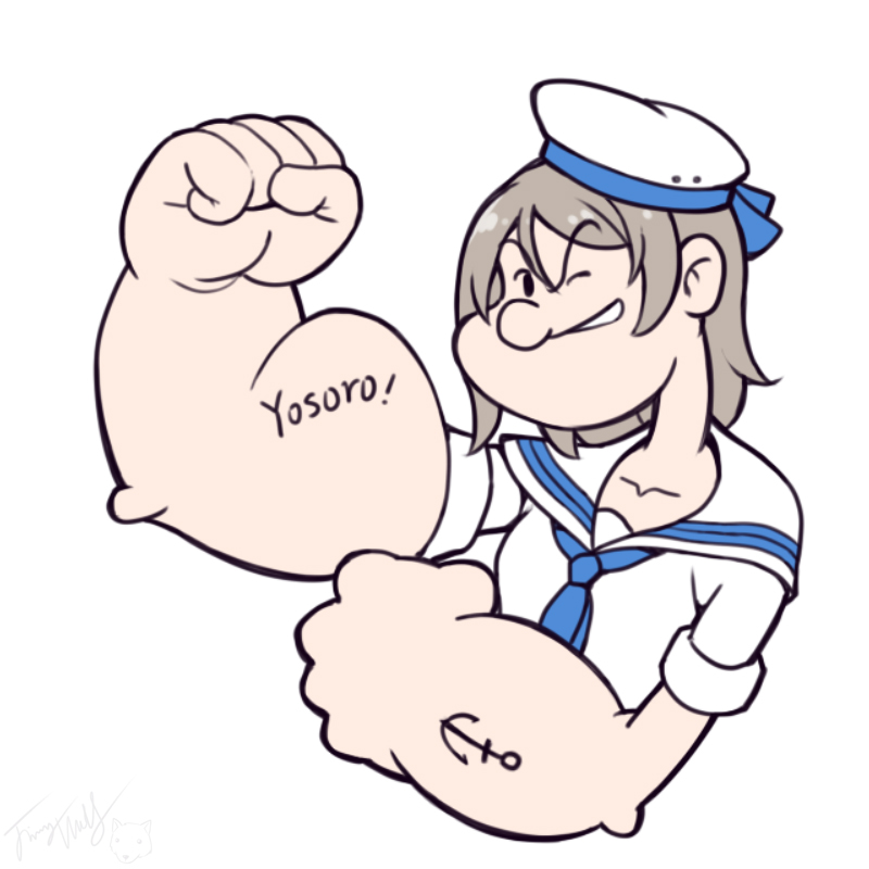 anchor_tattoo arm_up bangs blue_neckwear brown_hair clenched_hands collarbone commentary english_commentary eyebrows_visible_through_hair grin hair_between_eyes hat langbazi long_hair looking_at_viewer love_live! love_live!_sunshine!! muscle muscular_female neckerchief one_eye_closed parody popeye popeye_the_sailor sailor_collar sailor_hat saitou_shuka seiyuu_connection shirt short_sleeves simple_background smile solo style_parody tattoo watanabe_you white_background white_hat white_sailor_collar white_shirt