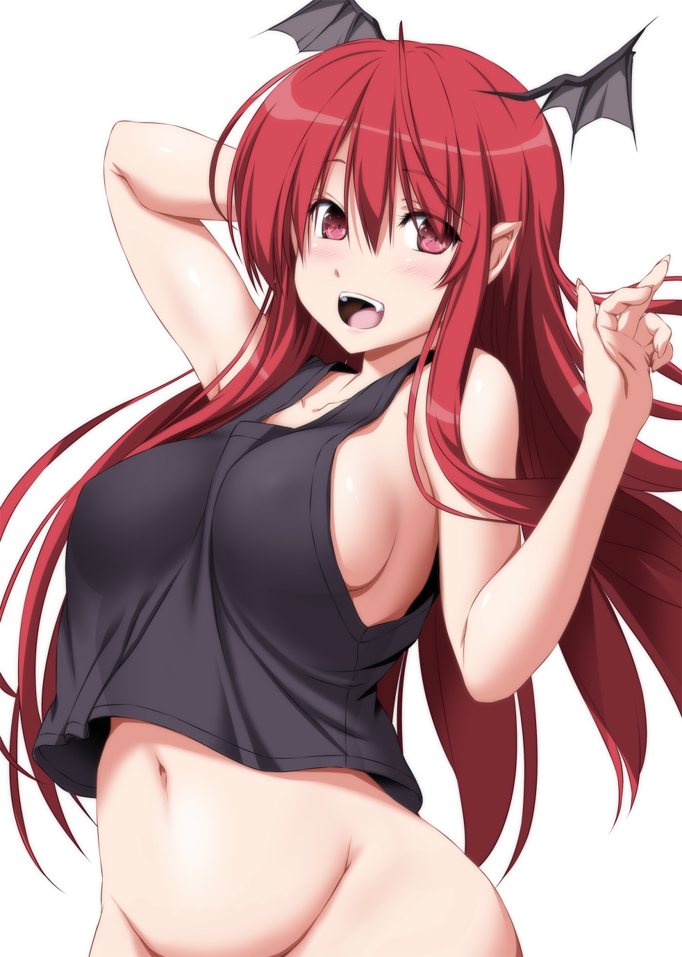 :d arm_behind_head arm_up bangs bare_arms bare_shoulders black_tank_top blush bottomless breasts collarbone commentary_request covered_nipples demon_wings eyebrows_visible_through_hair eyes_visible_through_hair fang groin hair_between_eyes hand_up head_wings highres koakuma long_hair looking_at_viewer medium_breasts navel nori_tamago open_mouth out-of-frame_censoring pointy_ears red_eyes red_hair sideboob sidelocks simple_background smile solo stomach tank_top touhou very_long_hair white_background wings