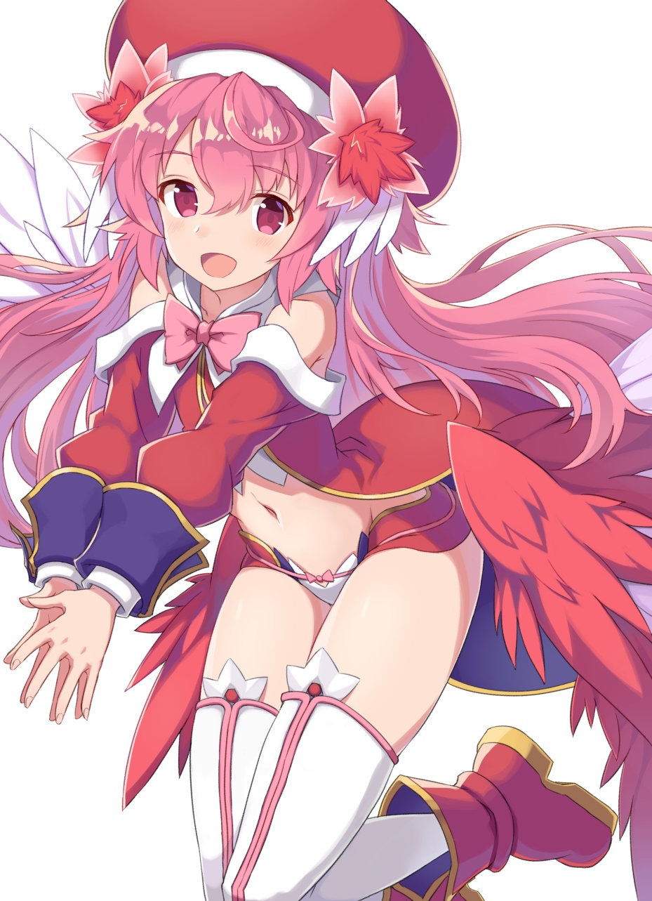 :d ahoge armpit_crease bangs bare_shoulders beret blush boots character_request collarbone commentary_request eyebrows_visible_through_hair groin hair_between_eyes hair_ornament hands_together hat highres legs_up long_hair long_sleeves looking_at_viewer navel off_shoulder open_mouth outstretched_arms pera pink_eyes pink_hair pink_ribbon red_footwear red_hat revealing_clothes ribbon shinrabanshou simple_background sleeves_folded_up smile solo thighhighs thighs v_arms white_background white_legwear wings