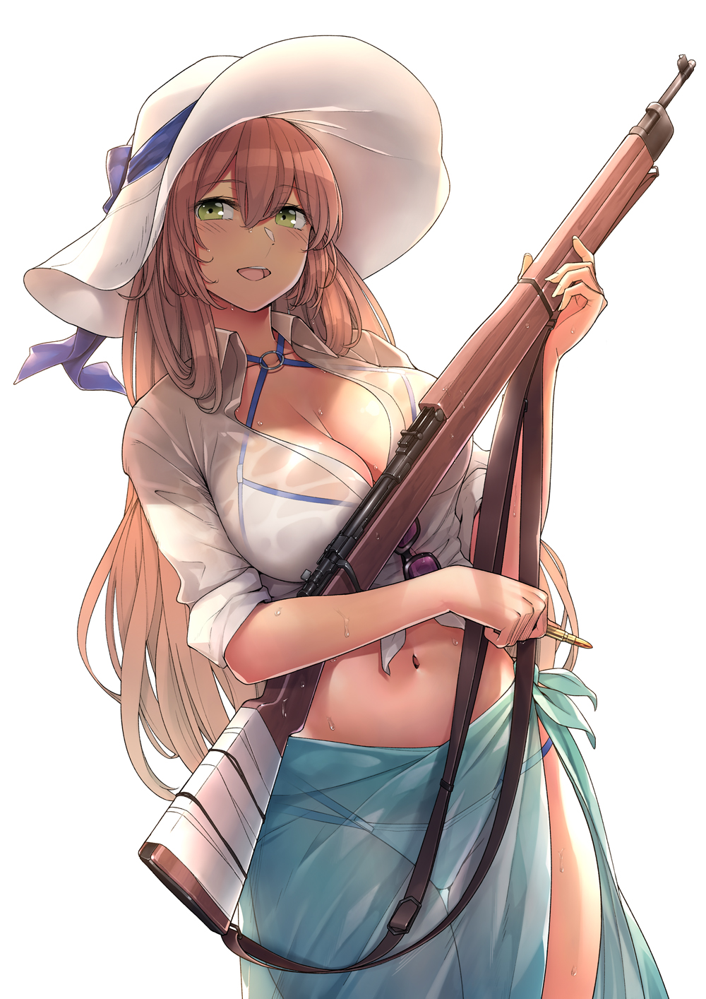 alternate_costume arm_up bangs bikini blue_ribbon blush bolt_action breasts brown_hair cleavage collarbone commentary_request cowboy_shot dsf eyebrows_visible_through_hair flower girls_frontline green_eyes groin gun hair_between_eyes hair_ribbon hair_rings hand_on_headwear hat hat_ribbon highres holding holding_bullet holding_gun holding_weapon large_breasts long_hair looking_at_viewer m1903_springfield m1903_springfield_(girls_frontline) navel o-ring o-ring_top one_eye_closed open_clothes open_mouth ribbon rifle sarong see-through shiny shiny_skin shirt sidelocks simple_background skindentation smile solo standing stomach sun_hat swimsuit thighs tied_shirt umbrella weapon white_background white_bikini white_shirt