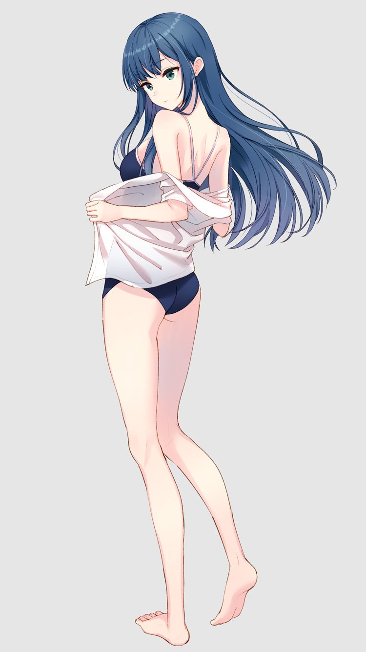 aqua_eyes ass barefoot blue_hair blue_swimsuit dress_shirt eyebrows_visible_through_hair floating_hair full_body grey_background highres hyuuga_azuri long_hair one-piece_swimsuit open_clothes open_shirt original school_swimsuit see-through shiny shiny_hair shirt simple_background soles solo standing standing_on_one_leg swimsuit undressing very_long_hair white_shirt