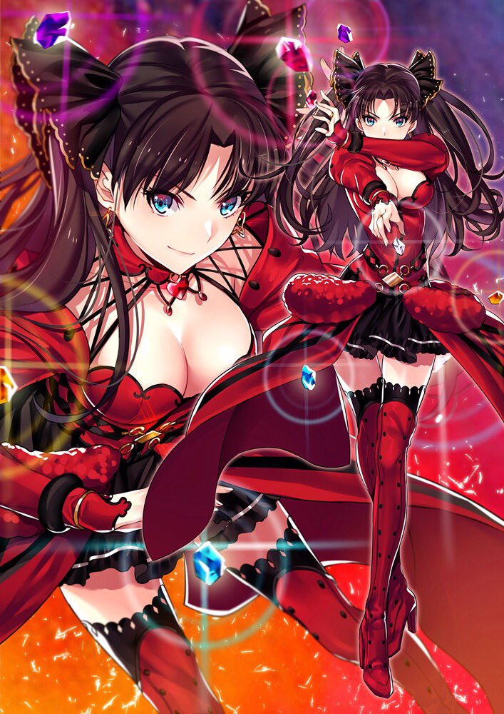 bangs black_hair black_skirt blue_eyes blush boots bracelet breasts cleavage closed_mouth commentary_request dress earrings fate/grand_order fate/stay_night fate_(series) formalcraft gem hair_ribbon high_heel_boots high_heels jewelry long_hair long_sleeves looking_at_viewer medium_breasts multiple_views parted_bangs red_dress red_footwear ribbon skirt smile solo sparkle thigh_boots thighhighs thighs toosaka_rin two_side_up yaoshi_jun zettai_ryouiki