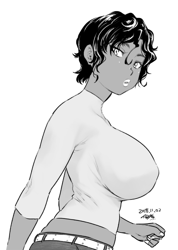 arm_at_side belt breasts covered_nipples curly_hair dark_skin dated fingernails from_side greyscale hair_between_eyes huge_breasts lips long_sleeves looking_at_viewer monochrome original parted_lips shirt short_hair sidelocks signature simple_background solo tsukudani_(coke-buta) tsurime turtleneck upper_body white_background