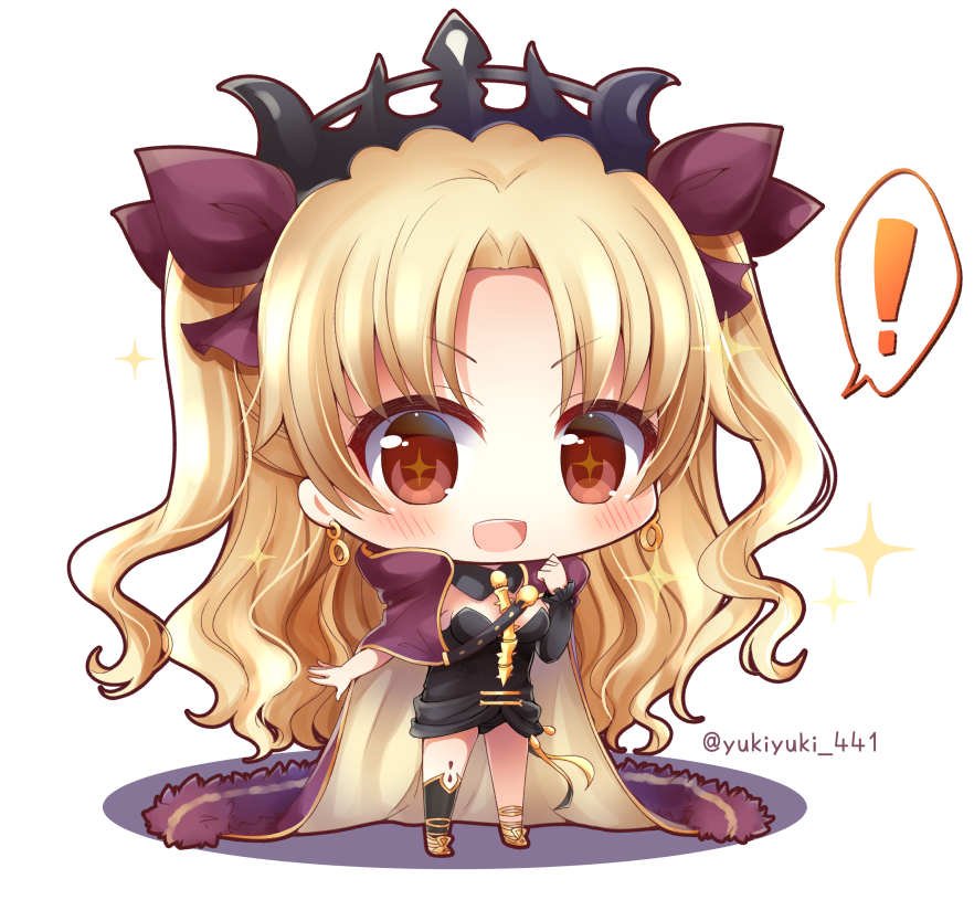 +_+ 1girl :d asymmetrical_legwear asymmetrical_sleeves bangs black_dress black_legwear blonde_hair blush breasts brown_ribbon cape chibi commentary_request dress earrings ereshkigal_(fate/grand_order) eyebrows_visible_through_hair fate/grand_order fate_(series) full_body hair_ribbon infinity jewelry kneehighs long_hair long_sleeves medium_breasts multicolored multicolored_cape multicolored_clothes open_mouth parted_bangs purple_cape red_eyes ribbon single_kneehigh single_sleeve skull smile solo sparkle spine spoken_exclamation_mark standing tiara twitter_username two_side_up upper_teeth v-shaped_eyebrows very_long_hair white_background yellow_cape yukiyuki_441
