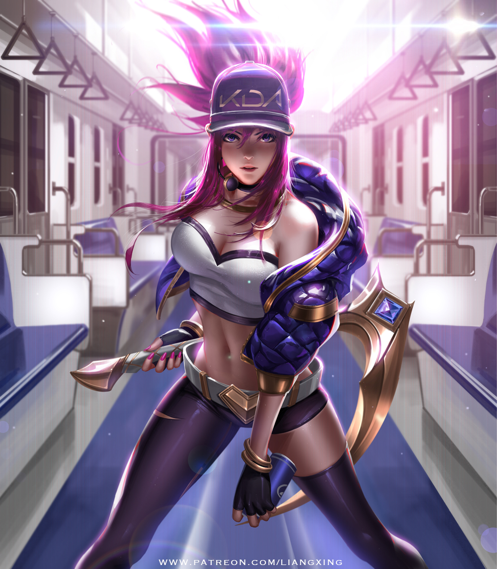 akali asymmetrical_clothes asymmetrical_legwear bandeau baseball_cap bracelet breasts choker cleavage cropped_jacket fighting_stance fingerless_gloves gloves hat holding holding_weapon jacket jewelry k/da_(league_of_legends) k/da_akali large_breasts league_of_legends liang_xing long_hair looking_at_viewer microphone midriff nail_polish navel necklace open_clothes open_jacket parted_lips patreon_username ponytail purple_eyes purple_hair sickle single_pantsleg solo spray_can strapless train_interior watermark weapon web_address
