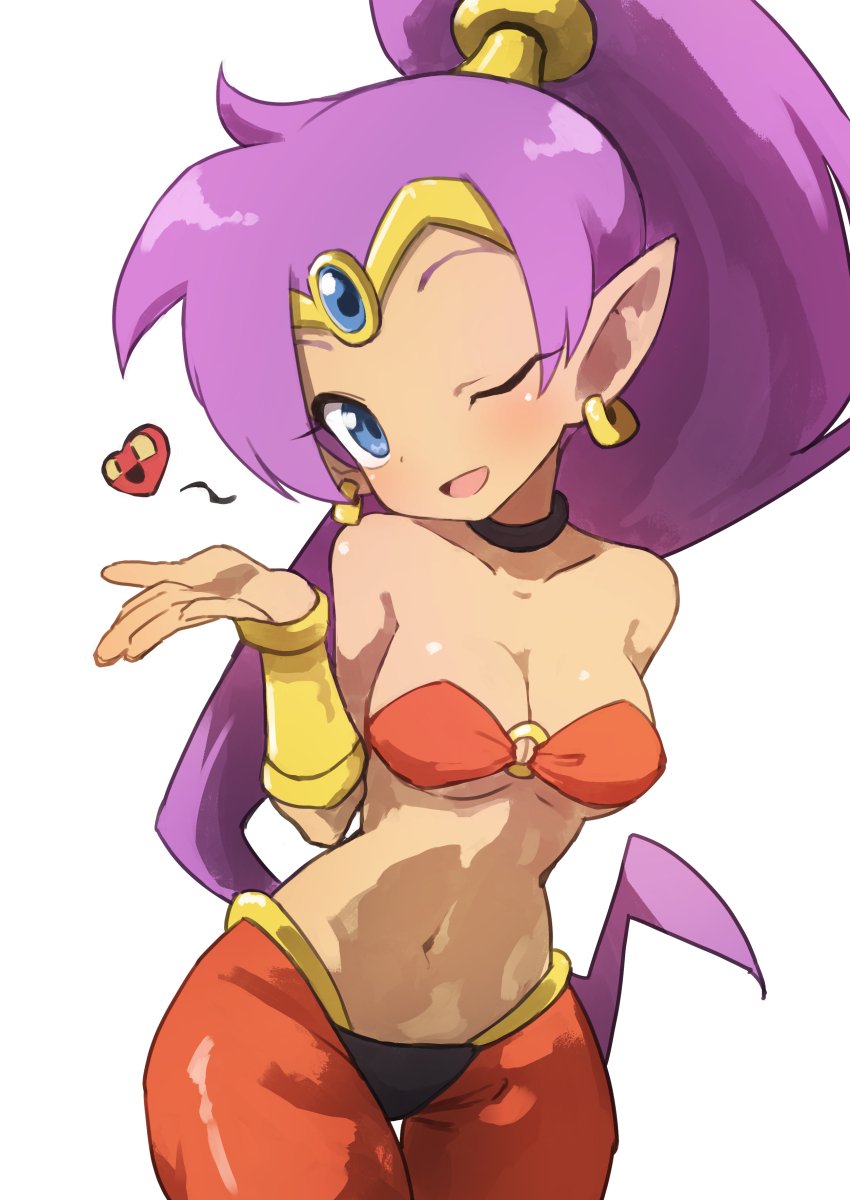 ;d bare_shoulders blue_eyes blush breasts choker cleavage collarbone commentary cowboy_shot dark_skin earrings forehead_jewel gazacy_(dai) harem_pants heart highres hoop_earrings jewelry navel o-ring one_eye_closed open_mouth pants pointy_ears ponytail purple_hair shantae_(character) shantae_(series) simple_background small_breasts smile solo underboob vambraces white_background