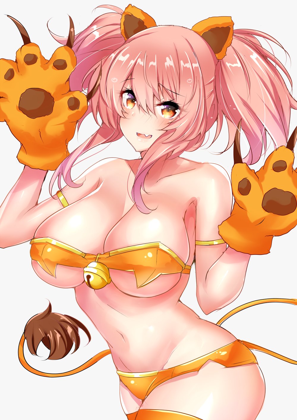 animal_ears armlet bad_id bad_twitter_id bangs bare_shoulders bell bikini blush breasts claws cleavage collarbone commentary_request eyelashes fang gloves hair_between_eyes hands_up highres hips idolmaster idolmaster_cinderella_girls jingle_bell jougasaki_mika large_breasts lion_ears lion_tail long_hair looking_at_viewer navel open_mouth orange_bikini paw_gloves paws pink_hair sankakusui shiny shiny_hair sidelocks simple_background smile solo swimsuit tail twintails white_background yellow_eyes