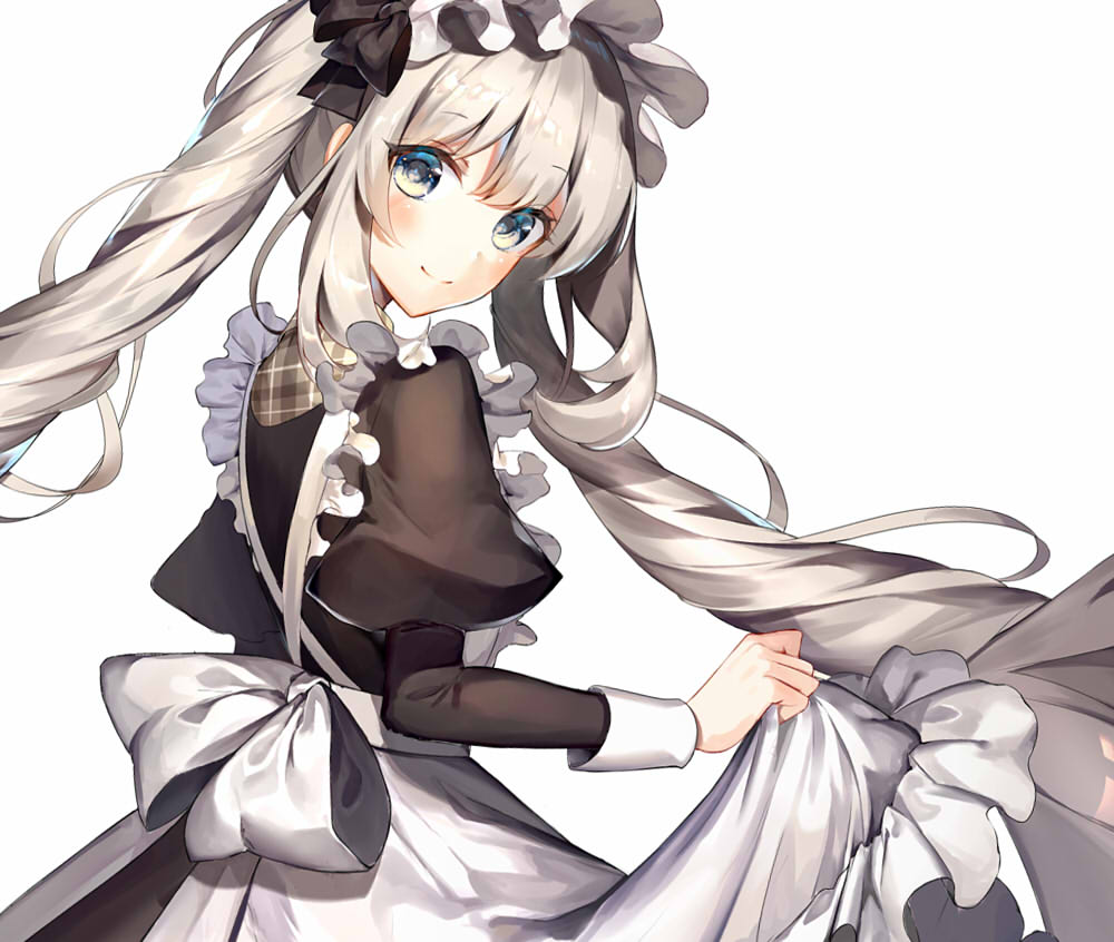 apron apron_lift black_bow black_shirt blue_eyes bow fate/grand_order fate_(series) floating_hair hair_bow kouyafu long_hair long_sleeves looking_at_viewer looking_back maid maid_headdress marie_antoinette_(fate/grand_order) shirt silver_hair simple_background smile solo standing twintails very_long_hair white_apron white_background white_bow