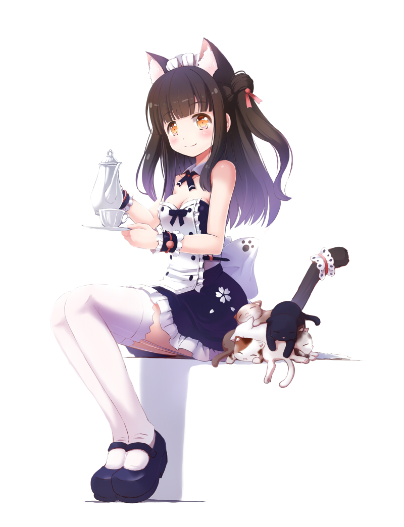 animal animal_ear_fluff animal_ears apron azur_lane bangs bare_arms bare_shoulders black_cat black_dress black_footwear black_hair black_neckwear blunt_bangs blush bow bowtie breasts brown_eyes cat cat_ears cat_tail cleavage closed_mouth collarbone commentary cup detached_collar dress eyebrows_visible_through_hair floral_print frilled_cuffs frilled_dress frills garter_straps hair_ribbon holding legs_together long_hair looking_at_viewer maid maid_apron mary_janes medium_breasts mochizuki_saku neck_ribbon paw_print red_ribbon ribbon saucer shadow shoes sidelocks simple_background sitting smile solo strapless strapless_dress tail teacup teapot thighhighs two_side_up white_apron white_background white_bow white_legwear wrist_cuffs yuugure_(azur_lane)