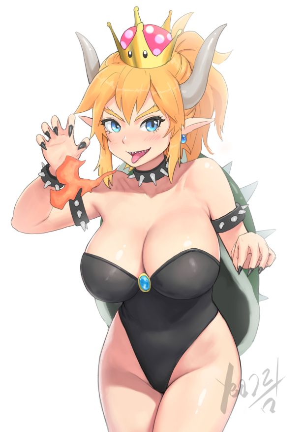 1girl blonde_hair blue_eyes bowsette breasts cleavage fire highleg highleg_leotard horns large_breasts leotard mario_(series) mezzo_(orbanga21) monster_girl nail_polish nintendo nude ponytail shell solo super_crown tail