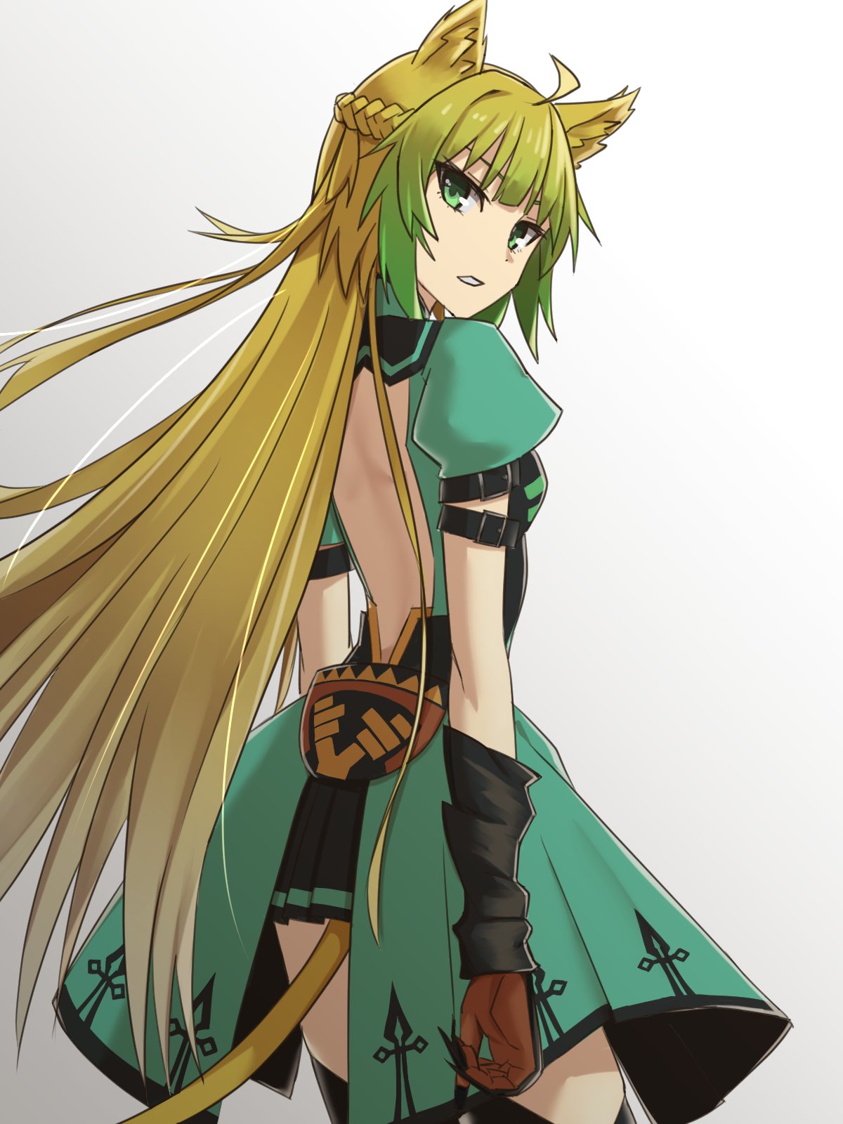 ahoge animal_ears atalanta_(fate) backless_dress backless_outfit blonde_hair dress elfenlied22 fate/apocrypha fate_(series) from_behind gloves gradient_hair green_eyes green_hair highres long_hair multicolored_hair tail