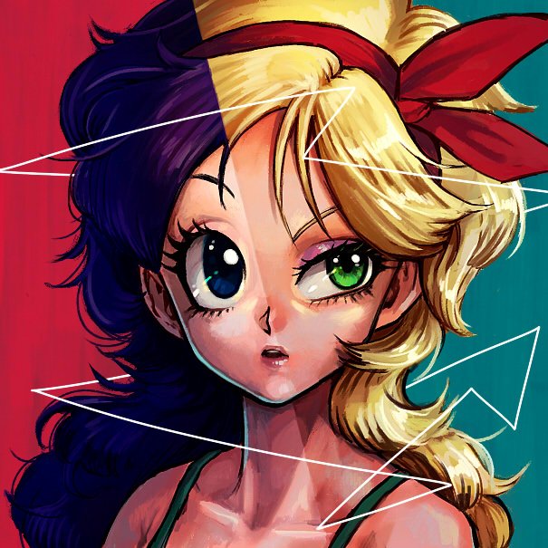 bare_shoulders blonde_hair blue_background blue_eyes blue_hair close-up dragon_ball dragon_ball_(classic) dual_persona expressionless eyelashes face green_eyes green_shirt hair_over_one_eye hair_ribbon kinjuu_(hariharitt) long_hair looking_away lunch_(dragon_ball) messy_hair multiple_girls parted_lips pink_background red_ribbon ribbon shirt simple_background teeth two-tone_background upper_body