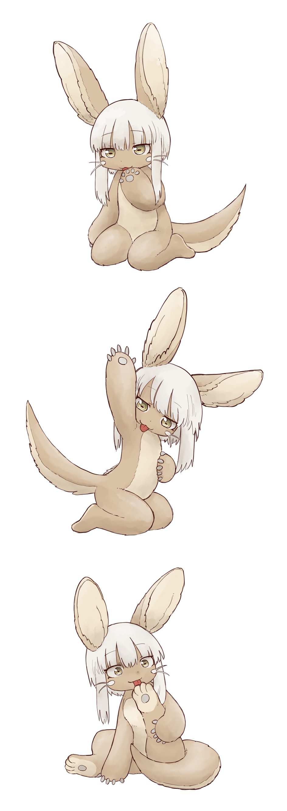 absurdres animal_ears arm_up armpit_licking bangs commentary_request eyebrows_visible_through_hair furry hand_on_own_chest highres horizontal_pupils kawasemi27 leg_lift licking licking_hand made_in_abyss medium_hair multiple_views nanachi_(made_in_abyss) nude poses sidelocks simple_background sitting tail_censor tongue tongue_out wariza whiskers white_background white_hair yellow_eyes