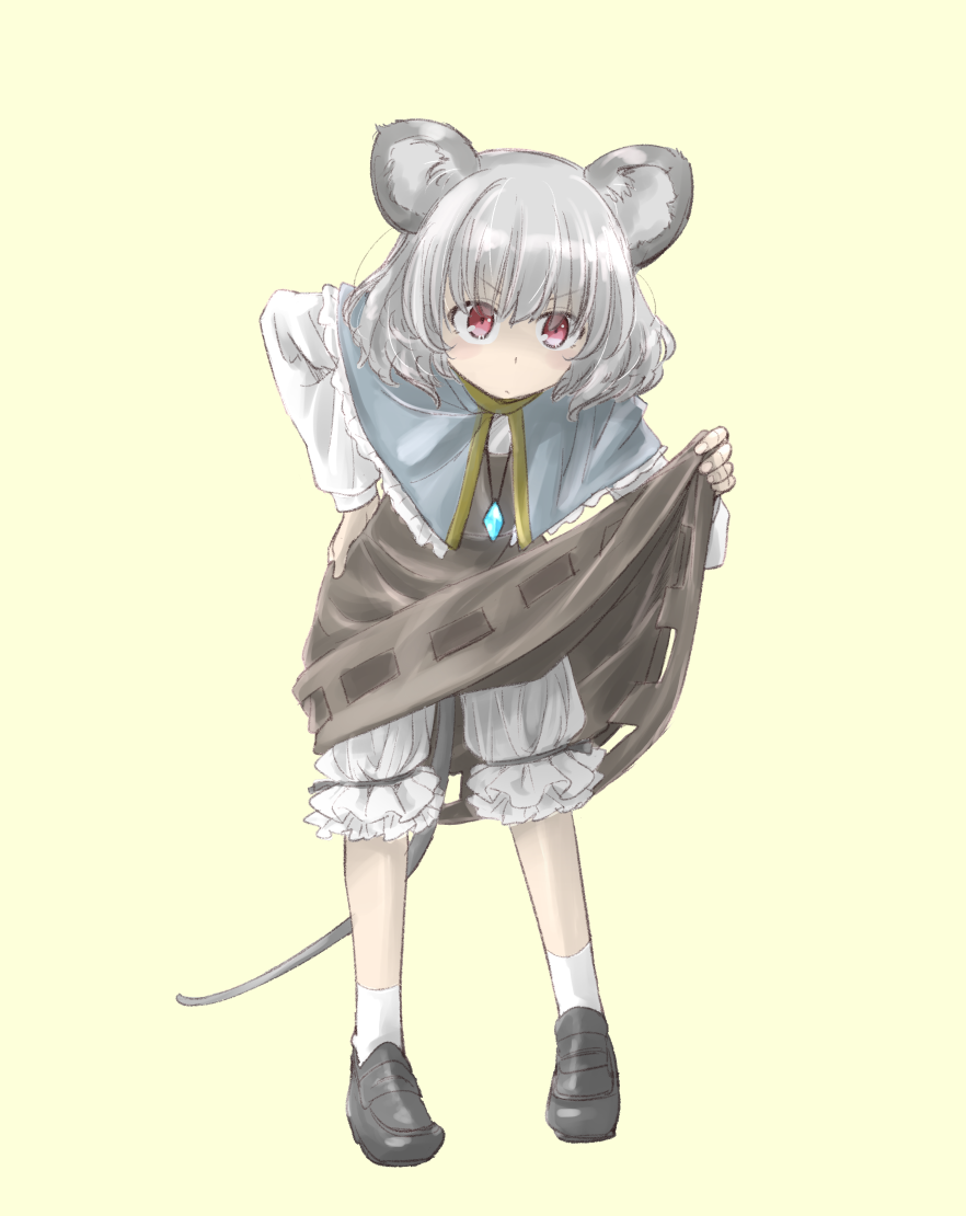 animal_ears bangs black_footwear bloomers blue_capelet brown_dress capelet commentary_request dress dress_lift eyebrows_visible_through_hair grey_hair hair_between_eyes jewelry leaning_forward lifted_by_self loafers long_sleeves mouse_ears mouse_girl mouse_tail nazrin nibi pendant red_eyes shirt shoes socks solo standing tail touhou underwear v-shaped_eyebrows white_bloomers white_legwear white_shirt