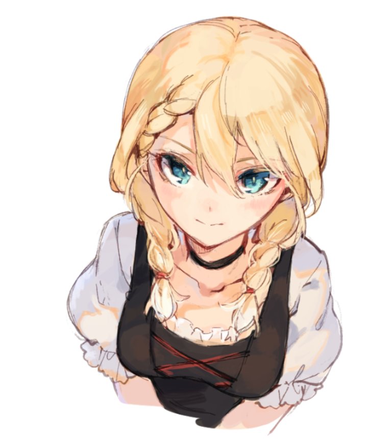 3: blonde_hair blue_eyes braid breasts choker collarbone commentary_request g36_(girls_frontline) girls_frontline looking_at_viewer medium_breasts puffy_short_sleeves puffy_sleeves short_sleeves shuzi simple_background traditional_clothes twin_braids