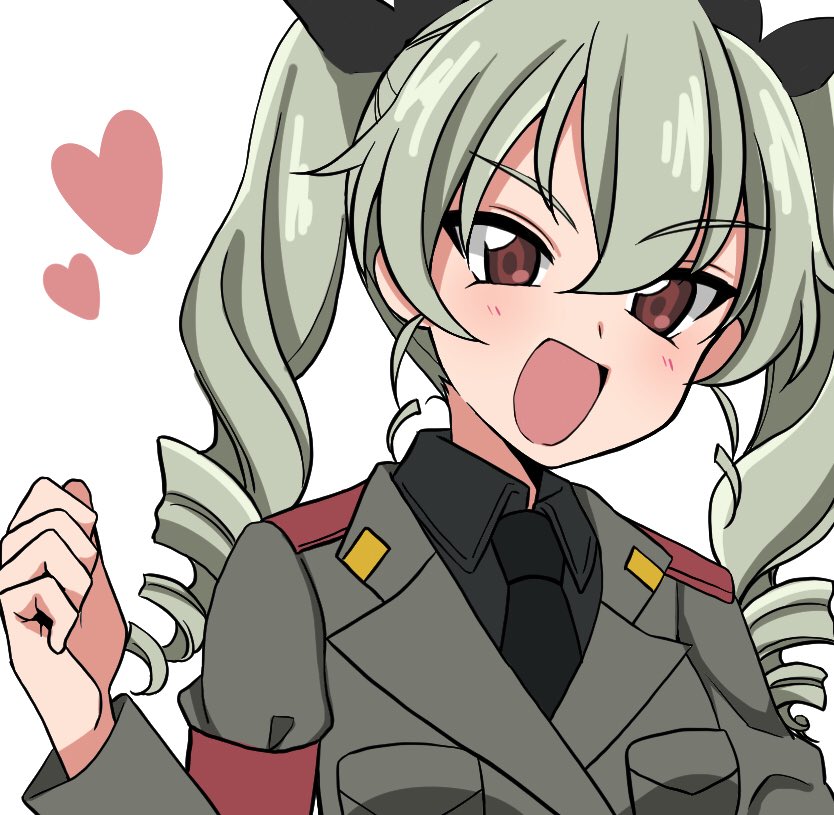 anchovy anzio_military_uniform bangs belt black_neckwear black_ribbon black_shirt clenched_hand commentary dress_shirt drill_hair girls_und_panzer green_hair grey_jacket hair_ribbon heart jacket long_hair long_sleeves looking_at_viewer military military_uniform necktie open_mouth red_eyes ribbon ruruepa sam_browne_belt shirt simple_background smirk solo twin_drills twintails uniform upper_body v-shaped_eyebrows white_background wing_collar