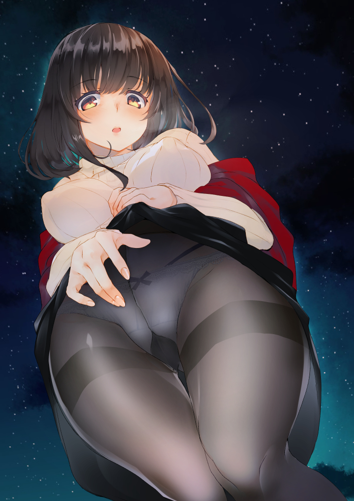 31_(poping31) ass_visible_through_thighs bangs black_legwear blush bow bow_panties breasts brown_eyes brown_hair commentary crotch_seam dutch_angle eyebrows_visible_through_hair gusset large_breasts lifted_by_self long_sleeves looking_at_viewer medium_hair night night_sky off_shoulder original panties panties_under_pantyhose pantyhose red_hair ribbed_sweater skirt skirt_lift sky solo standing star_(sky) starry_sky sweater thigh_gap thighband_pantyhose underwear white_panties white_sweater