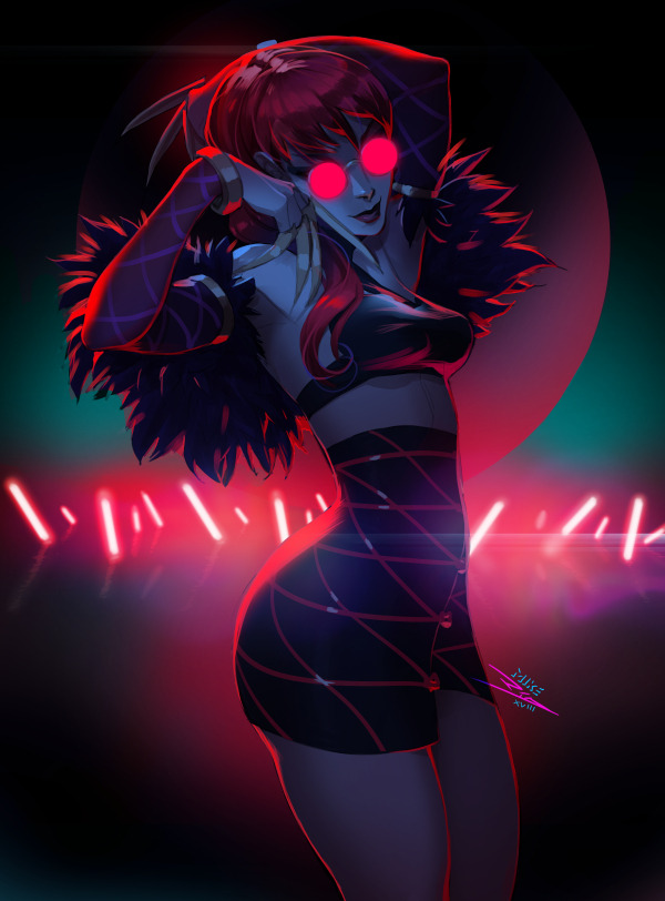 armpits backlighting breasts claw_(weapon) commentary detached_sleeves english_commentary evelynn eyeshadow feather_boa glasses hair_over_shoulder high-waist_skirt idol k/da_(league_of_legends) k/da_evelynn league_of_legends lipstick looking_at_viewer makeup mike_nesbitt miniskirt opaque_glasses pince-nez pink-tinted_eyewear purple_hair purple_lipstick skirt slender_waist slit_pupils small_breasts solo tinted_eyewear ultraviolet_light weapon