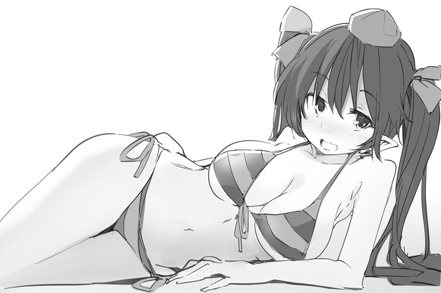 bare_arms bare_shoulders bikini blush breasts collarbone cowboy_shot eyebrows_visible_through_hair front-tie_bikini front-tie_top gradient gradient_background grey_background greyscale hair_between_eyes hair_ribbon hat himekaidou_hatate kamukamu_(ars) large_breasts long_hair looking_at_viewer lying monochrome navel nose_blush on_side open_mouth pointy_ears ribbon side-tie_bikini sketch smile solo stomach striped striped_bikini swimsuit thighs tokin_hat touhou twintails white_background