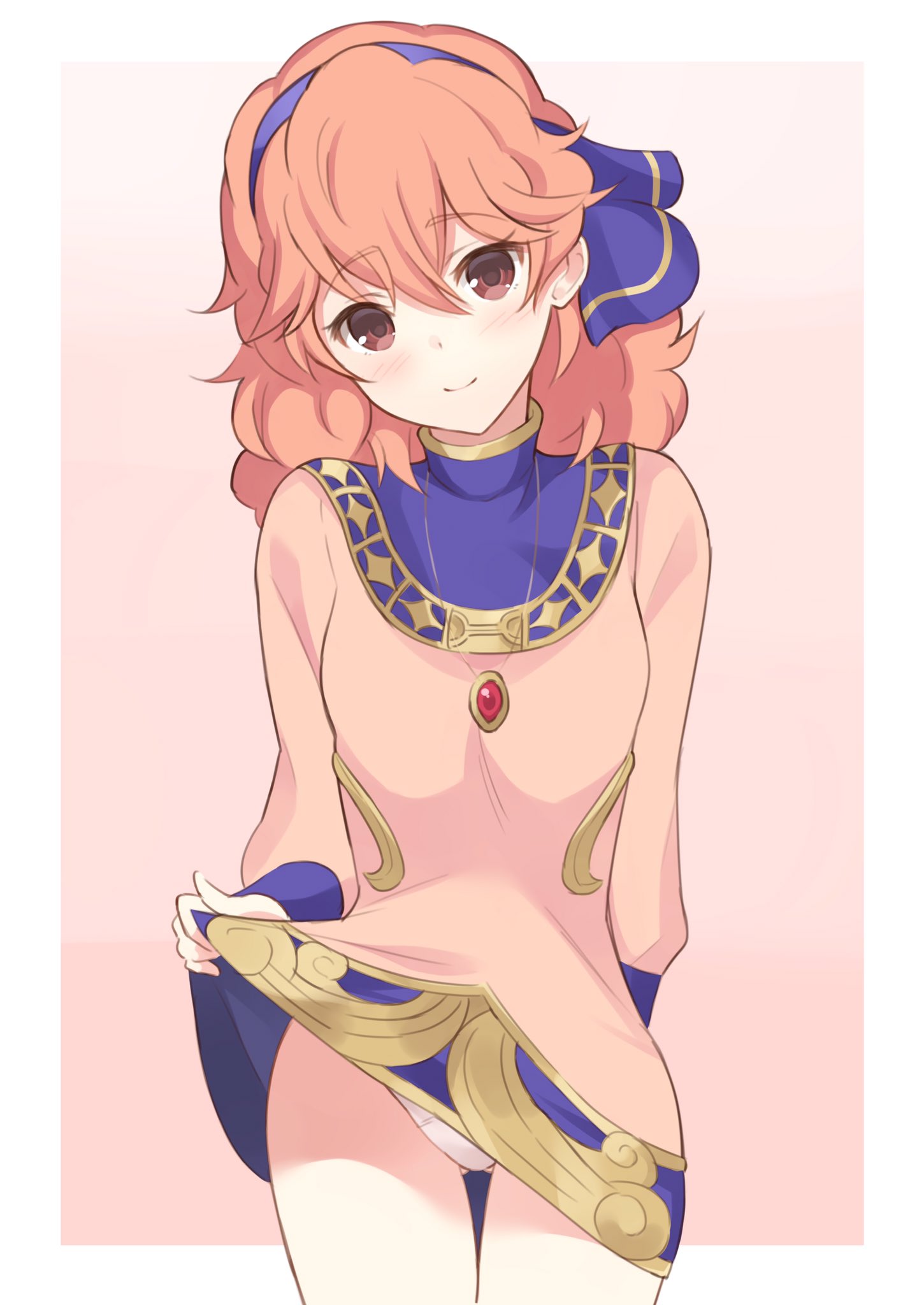 blush brown_eyes closed_mouth commentary_request curly_hair dress dress_lift fire_emblem fire_emblem_echoes:_mou_hitori_no_eiyuuou hairband highres jenny_(fire_emblem) jewelry lifted_by_self long_sleeves necklace panties pink_dress pink_hair shiyo_yoyoyo simple_background smile solo underwear white_panties