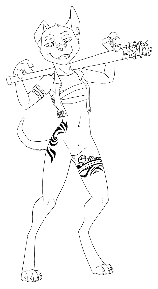 anthro armband baseball_bat bottomless canine claws clothed clothing cynthia_(zaush) dog featureless_crotch female fur grin half-closed_eyes jacket looking_at_viewer mammal misterpickleman monochrome nails navel pawpads piercing simple_background smile solo spikes standing tape tattoo weapon