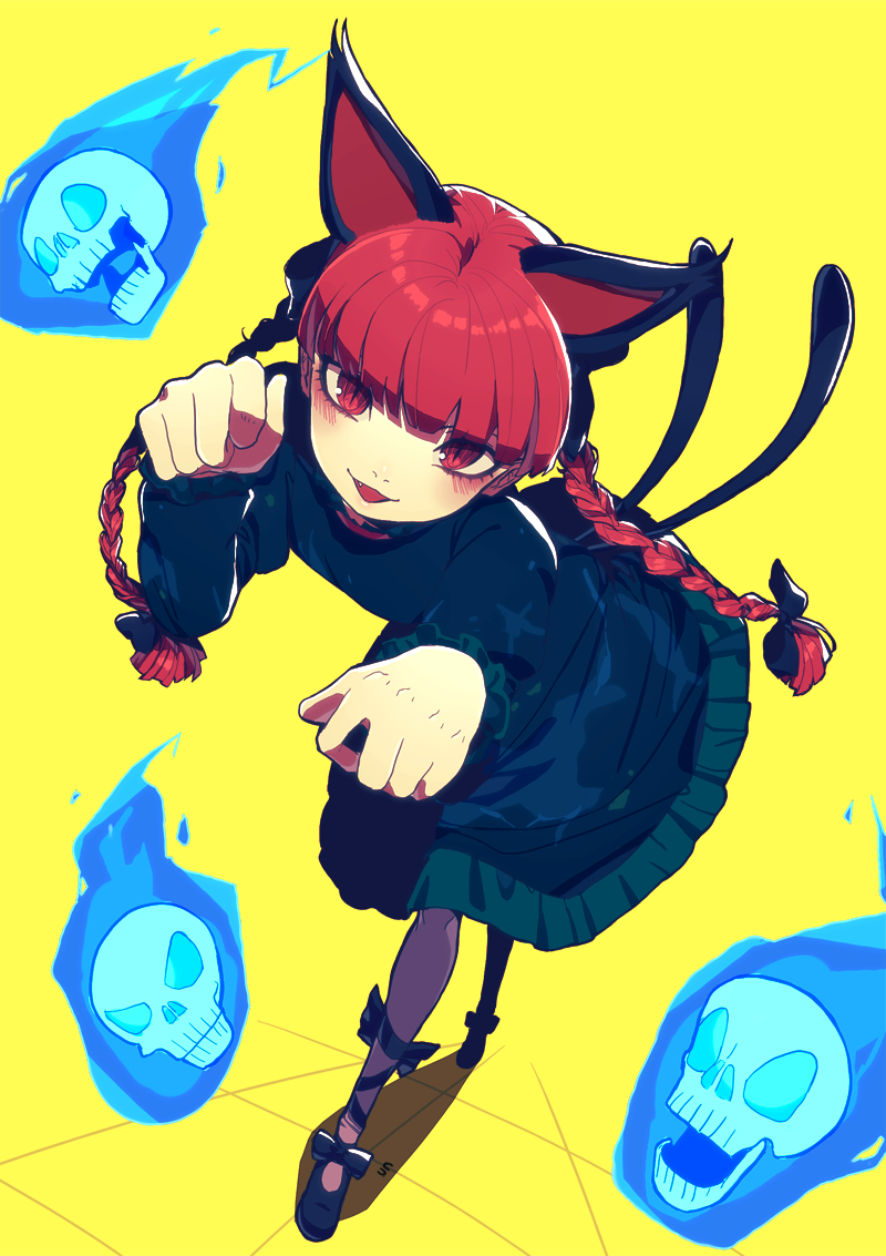 animal_ears bangs blush bow braid cat_ears dress fang flaming_skull kaenbyou_rin kuzudon looking_at_viewer multiple_tails open_mouth pantyhose paw_pose red_eyes red_hair simple_background skull slit_pupils tail touhou twin_braids two_tails yellow_background