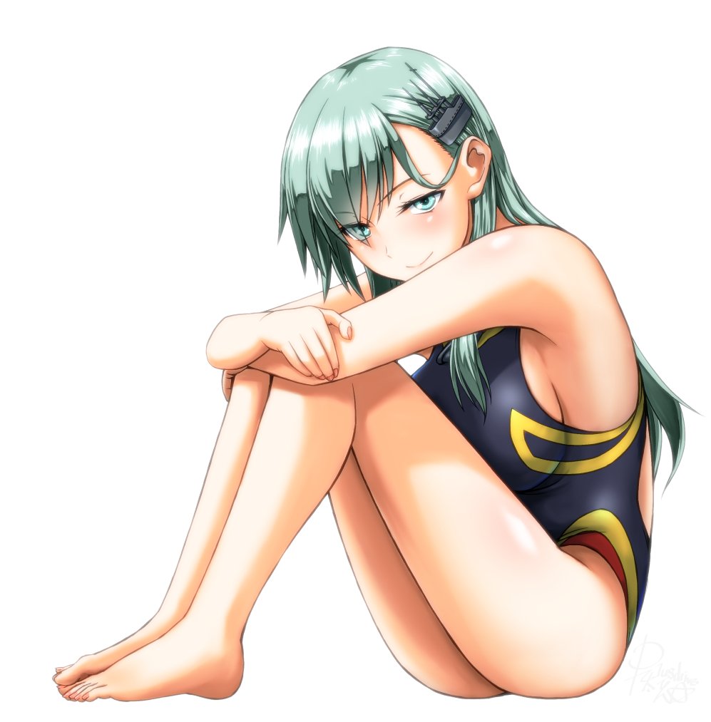 aqua_eyes aqua_hair arms_on_knees blue_swimsuit blush breasts closed_mouth competition_swimsuit full_body hair_ornament hairclip kantai_collection koutarou_(plusdrive) large_breasts long_hair looking_at_viewer one-piece_swimsuit sideboob simple_background sitting smile solo suzuya_(kantai_collection) swimsuit white_background