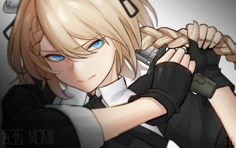 bangs black_gloves blonde_hair blue_eyes braid character_name closed_mouth collared_shirt combat_knife commentary cropped_jacket cutting_hair dress eyebrows_visible_through_hair fingerless_gloves g36_(girls_frontline) girls_frontline gloves hair_between_eyes holding holding_hair holding_knife knife long_hair looking_at_viewer maid maid_headdress mod3_(girls_frontline) shirt sidelocks simple_background solo ten_cws tsurime upper_body weapon white_shirt