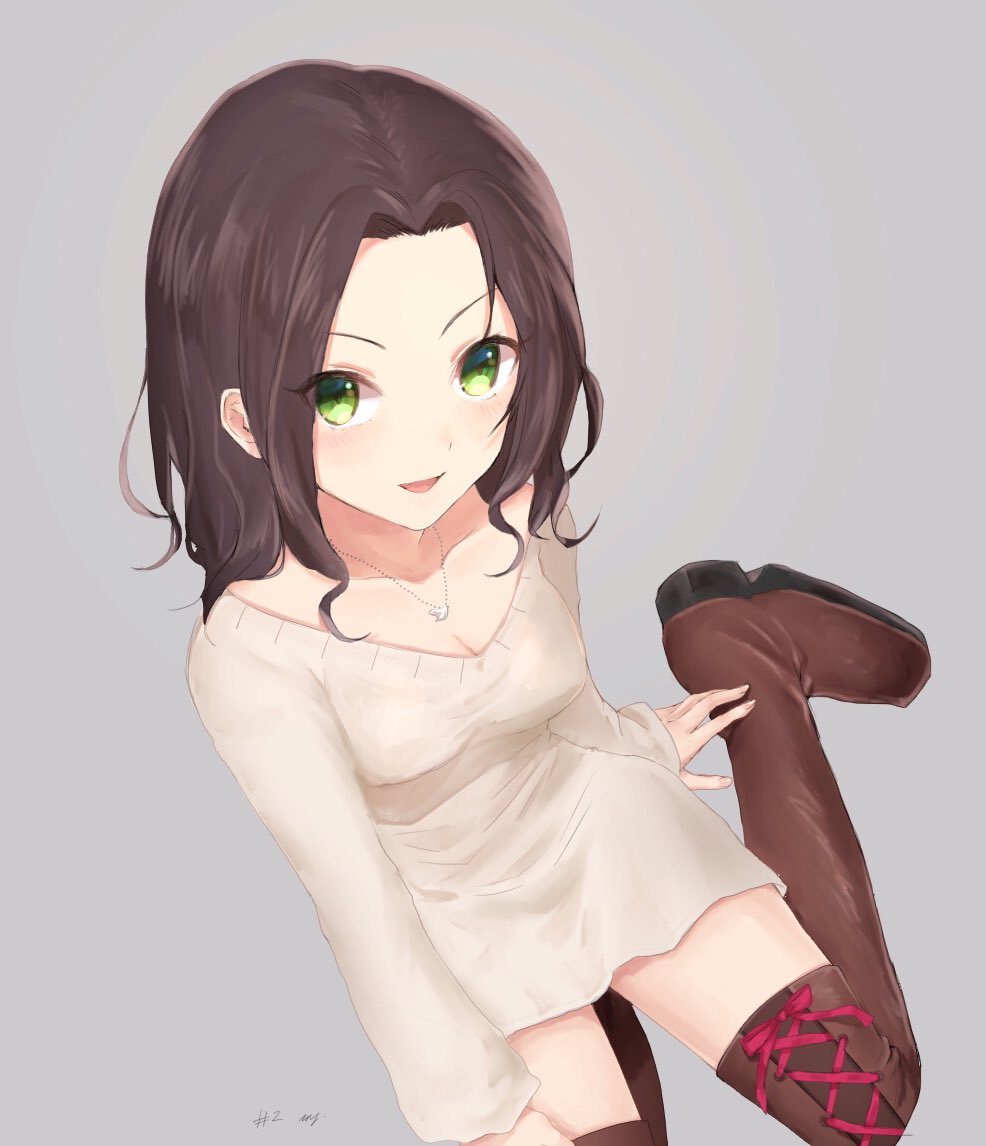 :d arm_support arms_at_sides bangs beige_sweater bird black_hair blush boots breasts brown_footwear cleavage commentary_request dove forehead green_eyes grey_background grin idolmaster idolmaster_cinderella_girls idolmaster_cinderella_girls_starlight_stage jewelry long_hair long_sleeves looking_at_viewer mizu_ramen naked_sweater necklace open_mouth parted_bangs pink_ribbon ribbon ribbon-trimmed_footwear signature simple_background sitting sleeves_past_wrists small_breasts smile solo souma_natsumi sweater