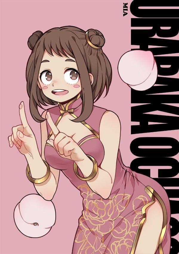 alternate_costume alternate_hairstyle artist_name blush_stickers boku_no_hero_academia bracelet breasts brown_eyes brown_hair character_name china_dress chinese_clothes cleavage cleavage_cutout double_bun dress food fruit index_fingers_raised jewelry leaning_forward looking_at_viewer medium_breasts mia0309 peach pink_background pink_dress short_hair side_slit solo uraraka_ochako