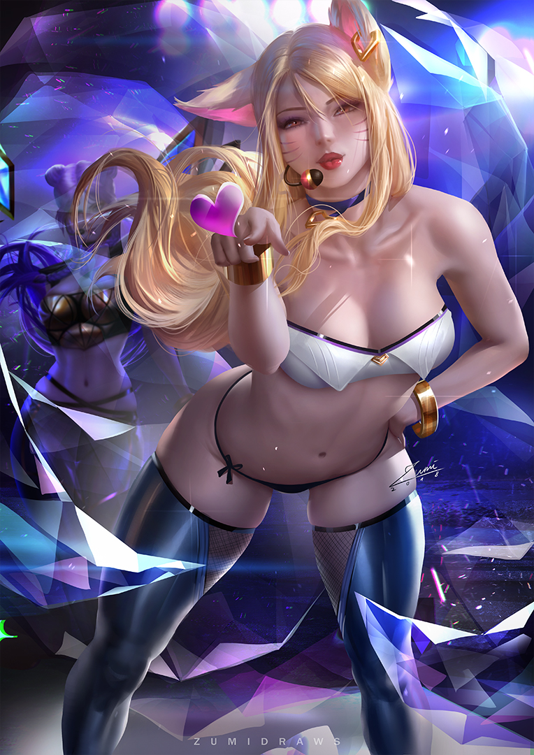 ahri_(lol) animal_humanoid blonde_hair breasts cleavage clothed clothing female fox_humanoid hair humanoid league_of_legends legwear looking_at_viewer mammal panties riot_games solo_focus thigh_highs underwear video_games zumi