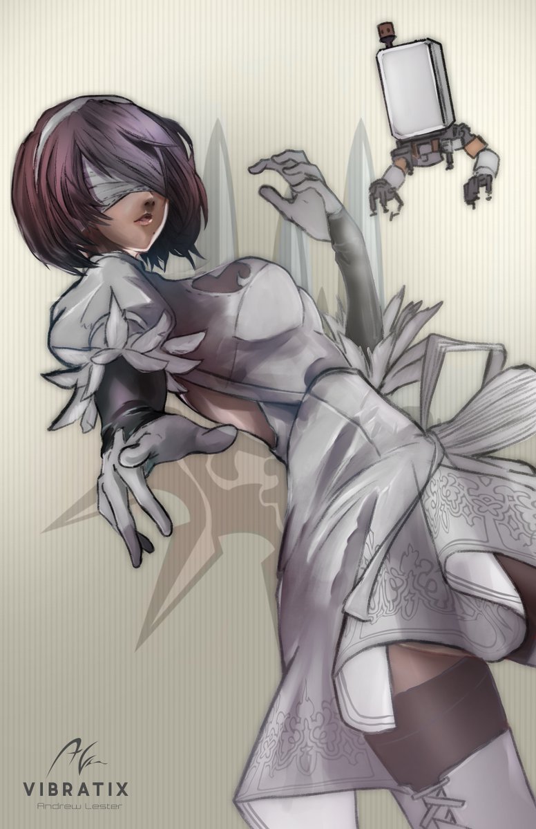 1girl alternate_color black_hair blindfold covered_navel dark_skin feather-trimmed_sleeves gloves hairband long_sleeves mole nier_(series) nier_automata puffy_sleeves simple_background solo soulcalibur_vi white_blindfold white_gloves yorha_no._2_type_b