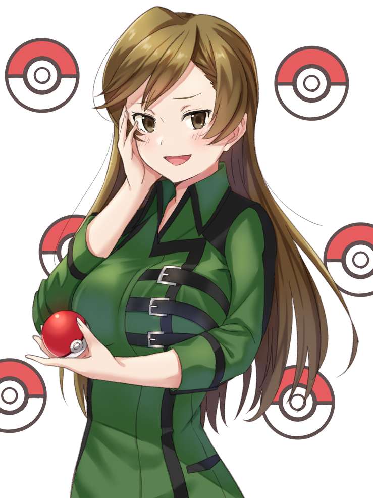 bad_pixiv_id blush breasts brown_eyes brown_hair coach_trainer_(pokemon) commentary_request large_breasts poke_ball pokemon pokemon_(game) pokemon_lgpe tsukiman