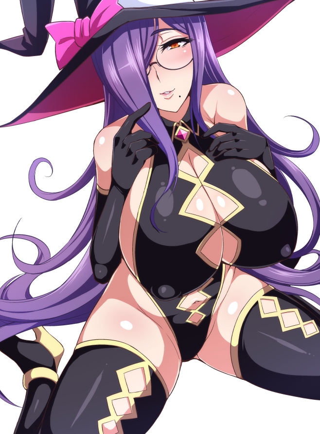 1girl breasts character_request glasses hat huge_breasts megane_man purple_hair solo