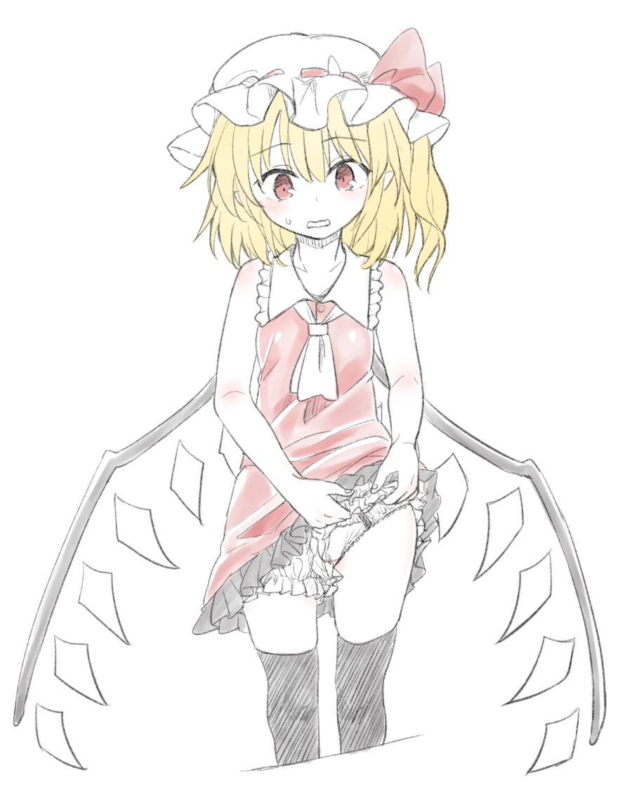 bare_arms bare_shoulders black_legwear blonde_hair bloomers blush bow commentary_request crystal dress dress_lift flandre_scarlet hat hat_bow head_tilt lifted_by_self long_hair mob_cap nibi panties panties_under_bloomers parted_lips pointy_ears red_bow red_dress red_eyes simple_background sleeveless sleeveless_dress solo sweat thighhighs touhou underwear wavy_mouth white_background white_bloomers white_hat white_neckwear white_panties wings