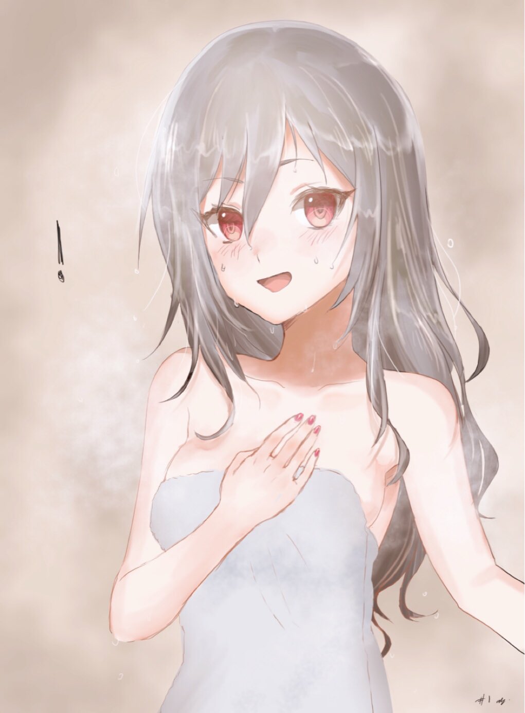 1girl :d arm_up bangs blush breasts commentary_request covering covering_breasts fingernails grey_hair grin hair_between_eyes highres idolmaster idolmaster_cinderella_girls idolmaster_cinderella_girls_starlight_stage kanzaki_ranko long_hair medium_breasts mizu_ramen naked_towel open_mouth red_eyes sideboob signature smile solo steam towel white_towel