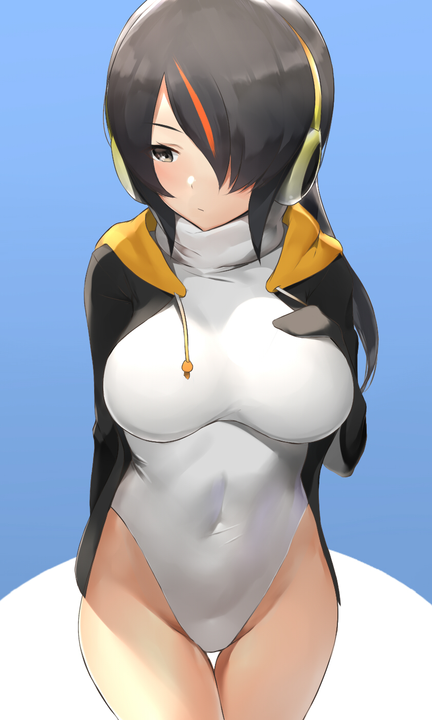 bangs black_jacket blue_background blush breasts brown_eyes closed_mouth commentary covered_navel drawstring emperor_penguin_(kemono_friends) hair_over_one_eye hand_on_own_chest headphones highleg highleg_leotard highres hips hood hoodie jacket kemono_friends large_breasts leotard long_hair long_sleeves looking_to_the_side multicolored_hair nnoelllll open_clothes open_hoodie solo streaked_hair turtleneck white_leotard