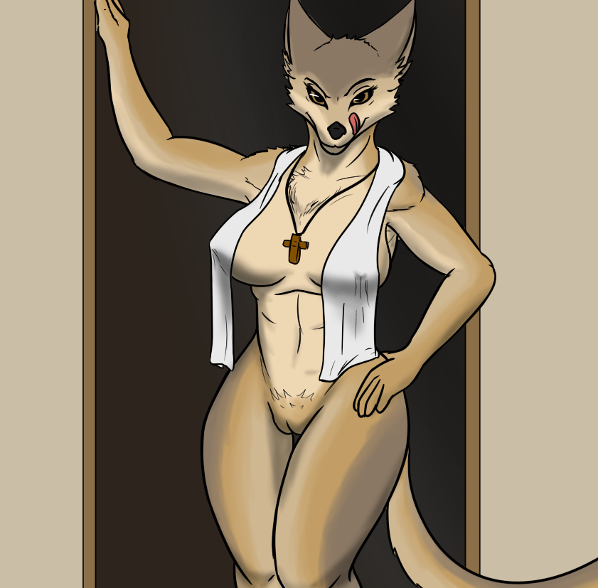 2018 anthro bedroom_eyes big_breasts breasts canine coyote doorway female half-closed_eyes hand_on_hip jewelry licking looking_at_viewer mammal necklace nipple_bulge nude pussy scp-2547 scp_foundation seductive smile solo tongue tongue_out towel unusualmatias yellow_eyes