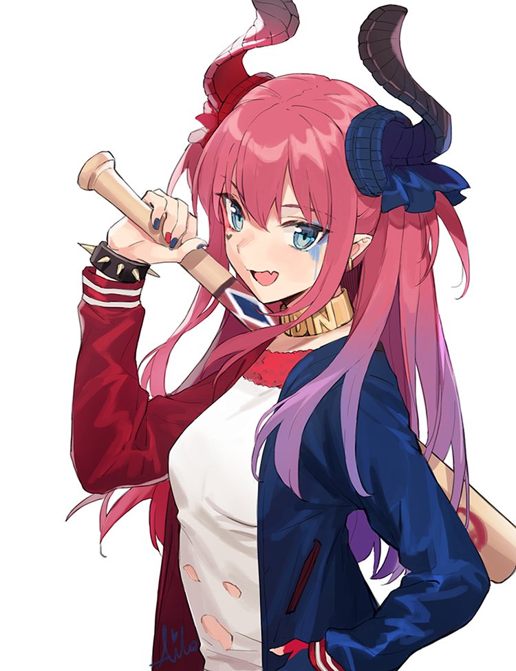 :d aiko_(kanl) bangs baseball_bat blue_bow blue_eyes blue_nails bow bracelet breasts collar cosplay dragon_horns earrings elizabeth_bathory_(fate) elizabeth_bathory_(fate)_(all) facial_mark fang fate/extra fate/extra_ccc fate_(series) gradient_hair hair_between_eyes hair_bow hand_on_hip hand_up harley_quinn harley_quinn_(cosplay) heart holding_baseball_bat horns jacket jewelry long_hair long_sleeves looking_at_viewer makeup medium_breasts multicolored multicolored_clothes multicolored_hair multicolored_horns multicolored_jacket multicolored_nails nail_polish one_side_up open_clothes open_jacket open_mouth pink_hair purple_hair red_bow red_nails shirt sidelocks signature simple_background smile solo spiked_bracelet spikes suicide_squad torn_clothes upper_body white_background white_shirt
