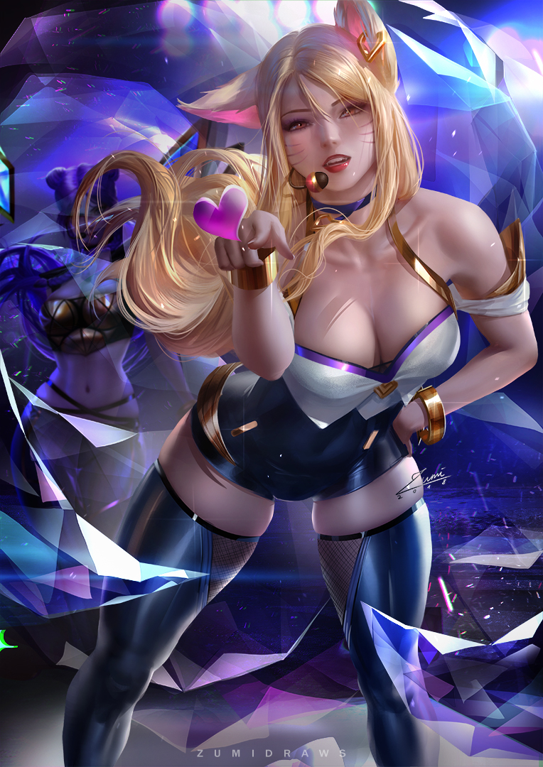 ahri_(lol) animal_humanoid blonde_hair breasts cleavage clothed clothing female fox_humanoid hair humanoid league_of_legends legwear looking_at_viewer mammal riot_games solo_focus thigh_highs video_games zumi