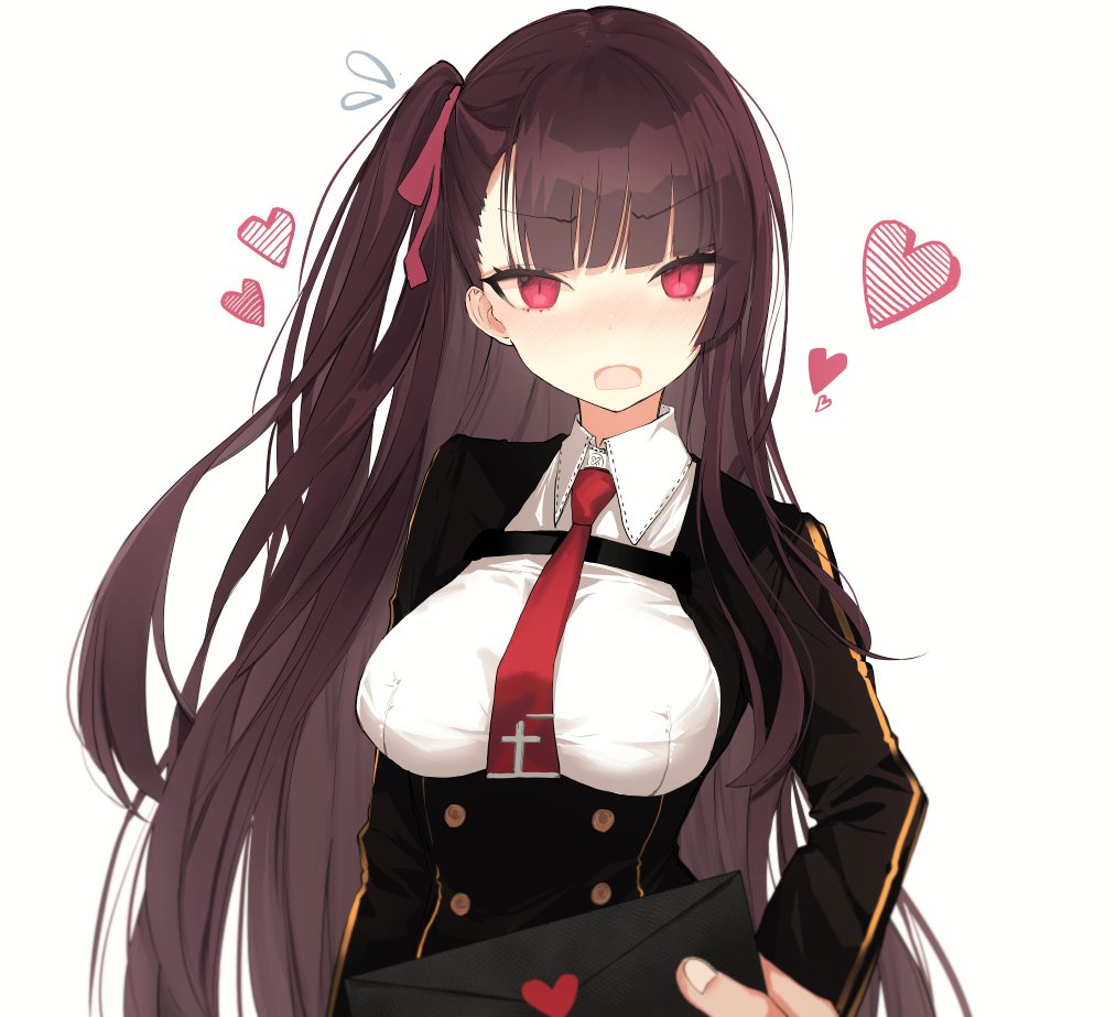 bangs blazer blush breasts collared_shirt commentary embarrassed eyebrows_visible_through_hair flying_sweatdrops framed_breasts girls_frontline hair_ribbon half_updo heart high-waist_skirt high_collar holding_letter jacket large_breasts letter long_hair looking_at_viewer love_letter naruwe necktie one_side_up open_mouth pov purple_hair red_eyes red_neckwear red_ribbon ribbon shirt simple_background skirt tsundere tsurime underbust very_long_hair wa2000_(girls_frontline) white_background