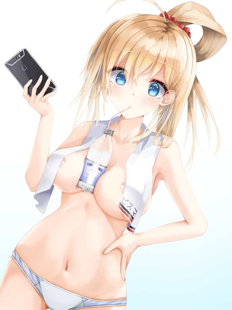 ahoge areola_slip areolae armpits bangs bismarck_(kantai_collection) blonde_hair blue_eyes blush bottle breast_hold breasts cellphone character_name commentary_request drinking drinking_straw dutch_angle eyebrows_visible_through_hair groin hair_ornament hair_scrunchie hand_on_hip holding holding_phone kantai_collection large_breasts long_hair looking_at_viewer momin navel panties phone ponytail scrunchie sidelocks smartphone solo stomach topless towel towel_around_neck underwear white_panties