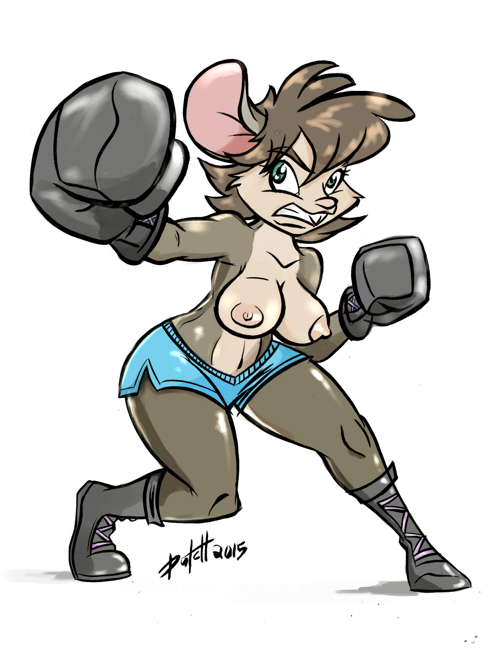 2015 angry anthro areola boots boxing boxing_gloves brown_fur brown_hair buckteeth clenched_teeth clothed clothing collarbone dutch_(artist) eyebrows eyelashes female footwear fur hair isisazza mammal mostly_nude mouse multicolored_fur navel nipples rodent samantha_wilkins shorts signature simple_background solo sport teeth topless two_tone_fur white_background