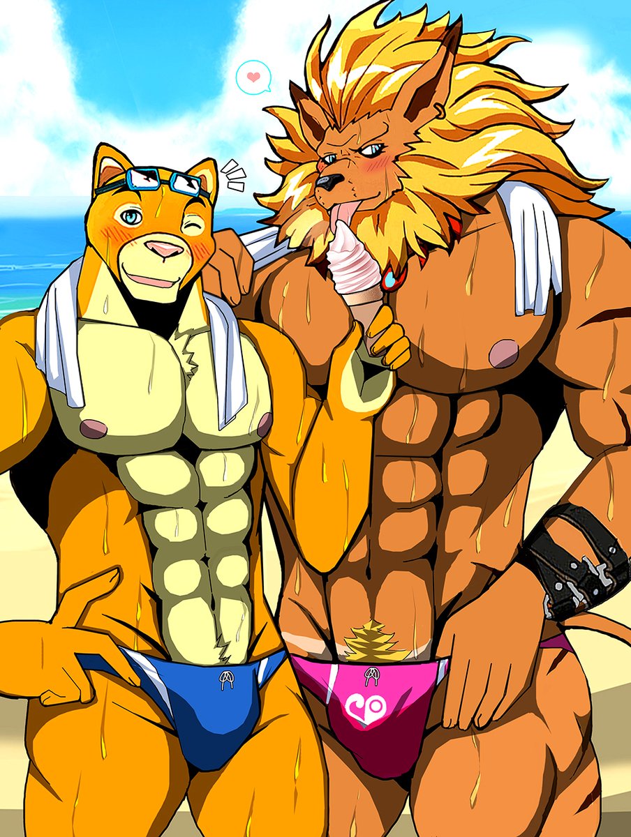 abs anthro beach bearlovestiger13 biceps big_muscles blue_eyes blush bulge clothed clothing cougar dessert digimon digimon_(species) don_puma ear_piercing feline food fur ice_cream leomon looking_at_viewer male mammal mane muscular muscular_male nipples outside pecs piercing pubes sand seaside skimpy sky speedo standing straps suntan swimsuit tan_line topless underwear underwear_pull water