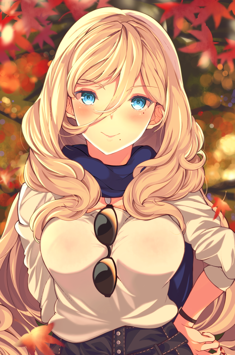alternate_costume aqua_eyes autumn autumn_leaves bangs black-framed_eyewear blonde_hair blouse blue_scarf blush breasts closed_mouth commentary_request curly_hair denim eyebrows_visible_through_hair eyewear_hang eyewear_removed fashion hair_between_eyes hair_over_breasts hand_on_hip high-waist_pants highres jeans kantai_collection large_breasts leaf lips long_hair long_sleeves looking_at_viewer maple_leaf mizuyoukan_(mikususannda) mole mole_under_eye mole_under_mouth nail_polish outdoors pants red_nails richelieu_(kantai_collection) ringed_eyes scarf shirt_tucked_in sidelocks sleeves_pushed_up smile solo stitches sunglasses sunset upper_body watch wristwatch