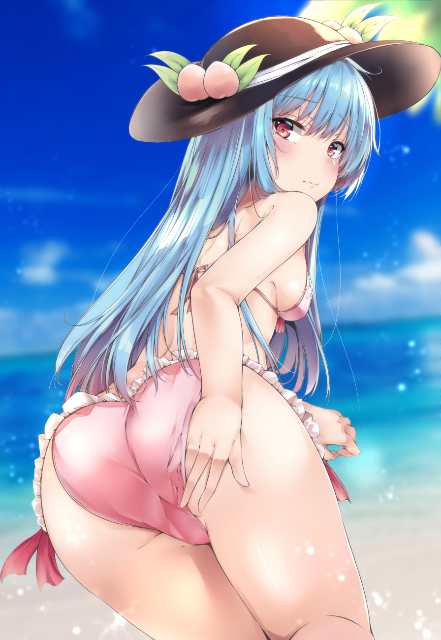 ass bangs beach bikini black_hat blue_hair blue_sky blurry blurry_background breasts closed_mouth cloud cloudy_sky day eyebrows_visible_through_hair food frilled_bikini frills from_behind fruit hat highres hinanawi_tenshi leaning_forward long_hair looking_at_viewer looking_back medium_breasts peach pink_bikini red_eyes revision sand sky solo string_bikini sun_hat swimsuit touhou water yuhito_(ablbex)
