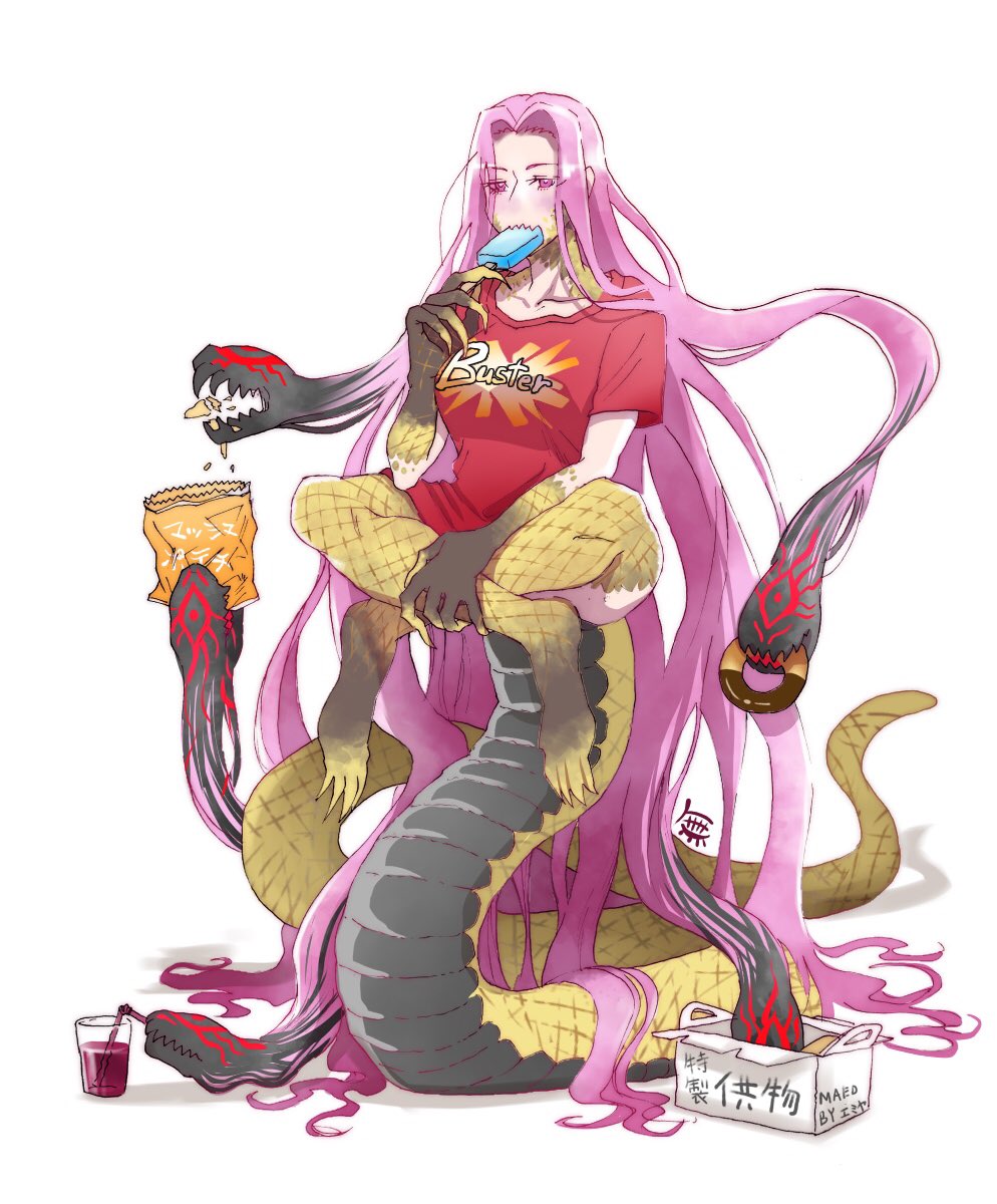 alternate_costume bottomless breasts chips claws collarbone commentary doughnut drinking drinking_straw eating eyebrows_visible_through_hair eyes_visible_through_hair fate/grand_order fate_(series) food gorgon_(fate) highres large_breasts long_hair monster_girl mubo7mubo4 popsicle potato_chips purple_eyes purple_hair rider scales sharp_teeth shirt snake solo t-shirt tail teeth very_long_hair