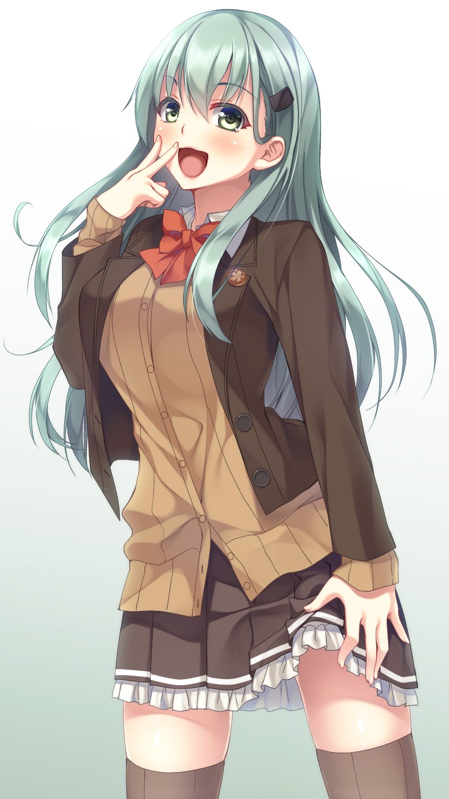 :d aqua_hair blush bow bowtie breasts brown_jacket brown_legwear brown_skirt collared_shirt frilled_skirt frills gradient gradient_background green_eyes hair_ornament hairclip highres imachireki jacket kantai_collection large_breasts long_hair long_sleeves looking_at_viewer open_mouth pleated_skirt red_neckwear remodel_(kantai_collection) shirt skirt skirt_lift smile solo standing suzuya_(kantai_collection) thighhighs v white_shirt